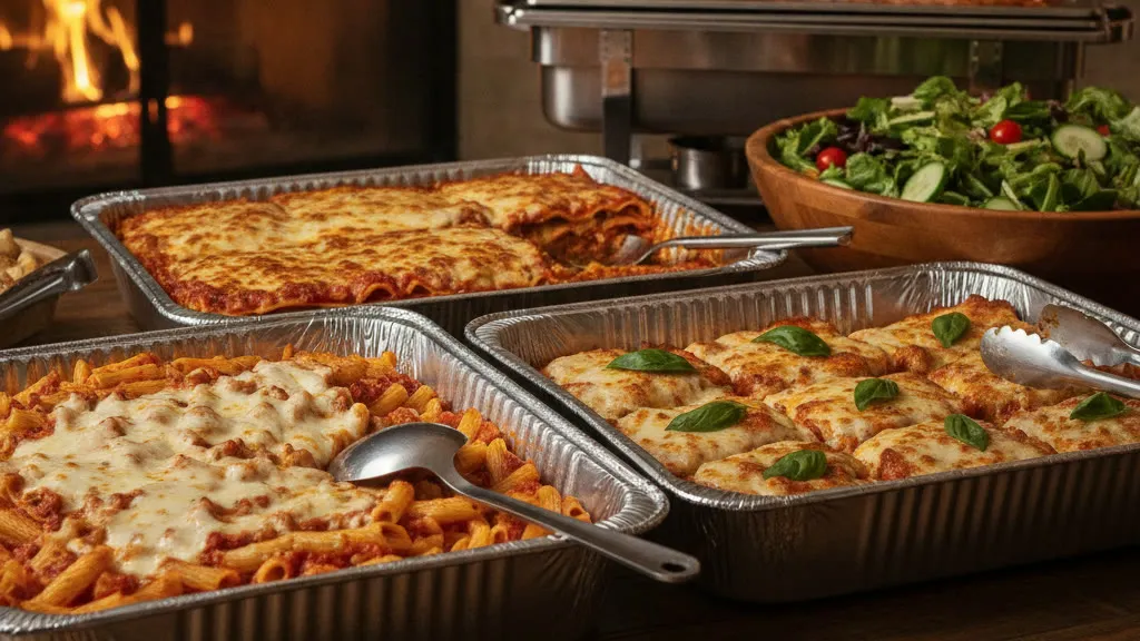 Catering trays of baked ziti, lasagna and chicken parmigiana on a buffet table