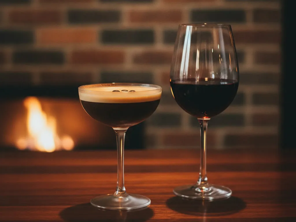 An espresso martini and a glass of red wine on a bar