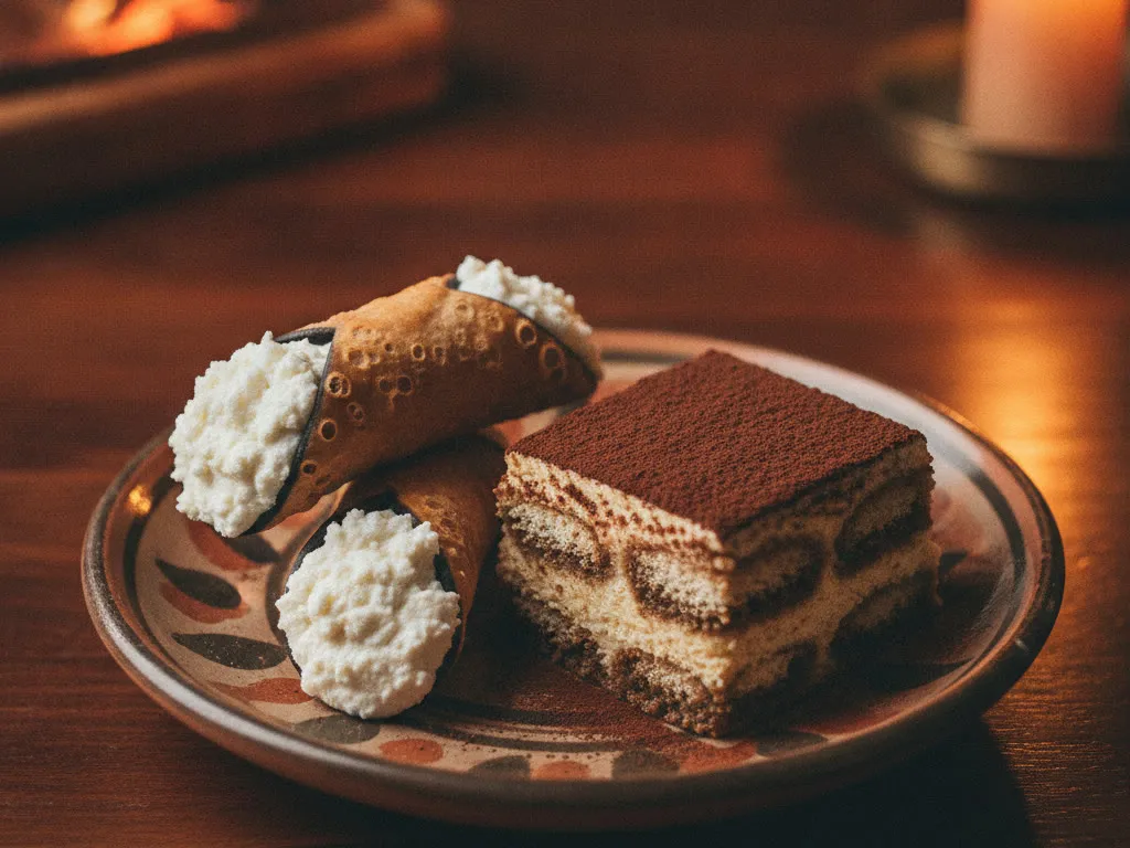 Two cannoli and a square of tiramisu on a plate