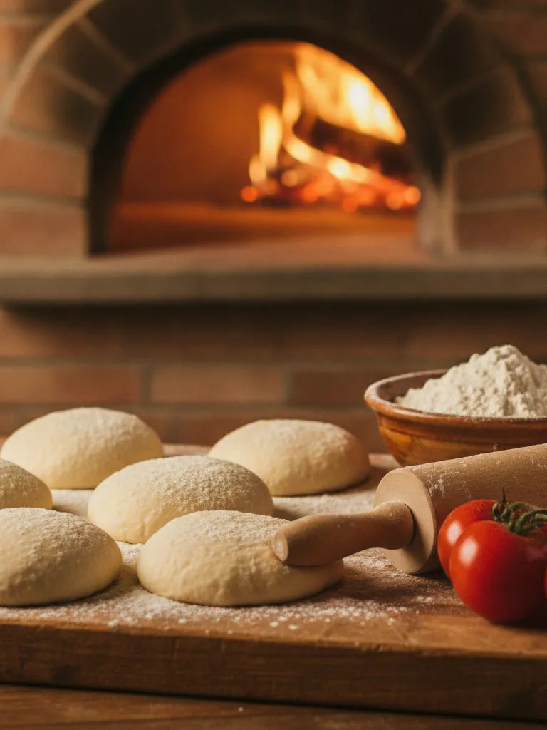 Illustrative photo: pizza dough resting on a floured board by a brick oven