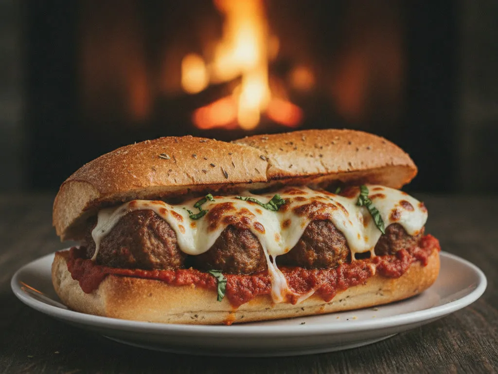 A meatball parmigiana hero on a toasted roll