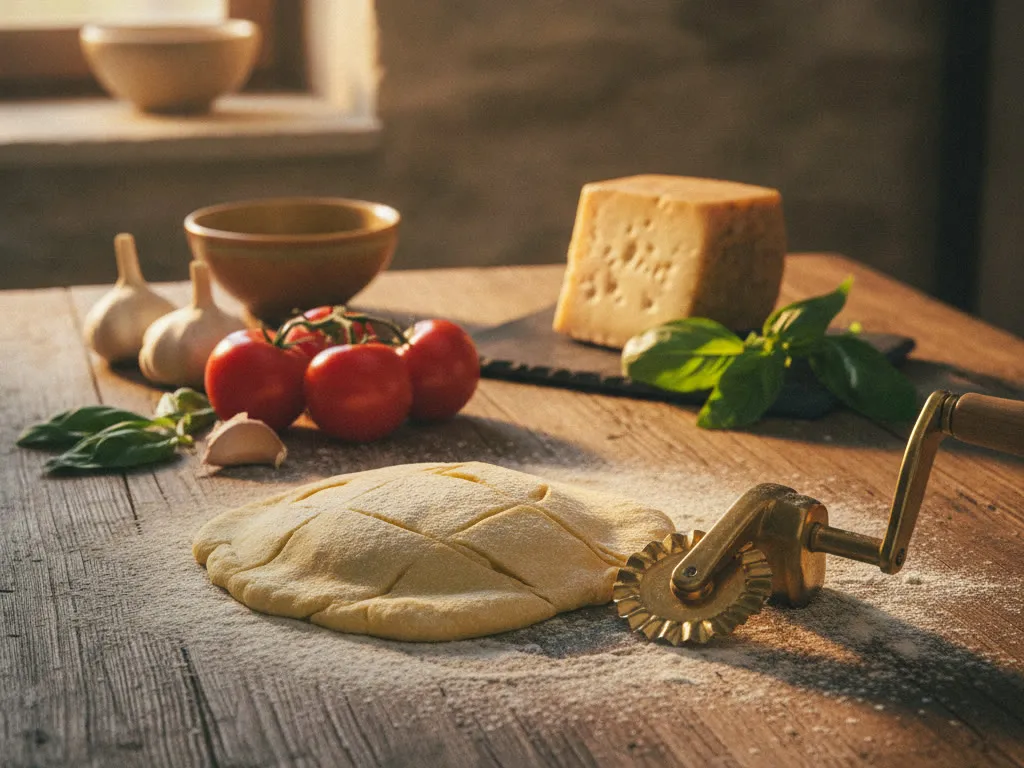Fresh pasta dough, tomatoes, garlic and cheese on a floured work table