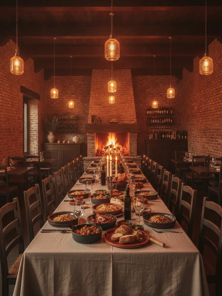 Illustrative photo: a long table set for a family dinner under warm pendant lights
