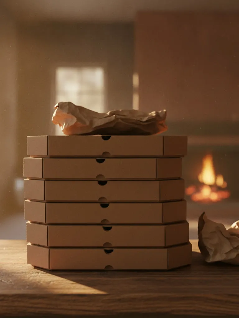 Illustrative photo: a stack of pizza boxes on a counter, ready for pickup
